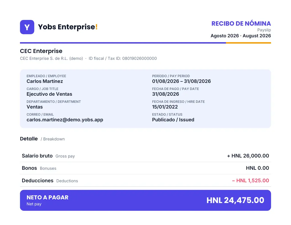 Recibo de nómina en PDF generado por Yobs Enterprise!